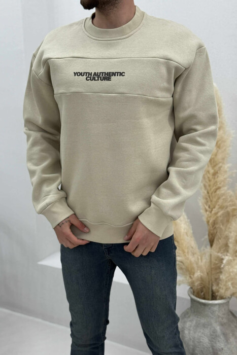FLUFFY ROUND NECK FRONT WRITTING MEN SWEATSHIRT BEIGE/BEZHE 