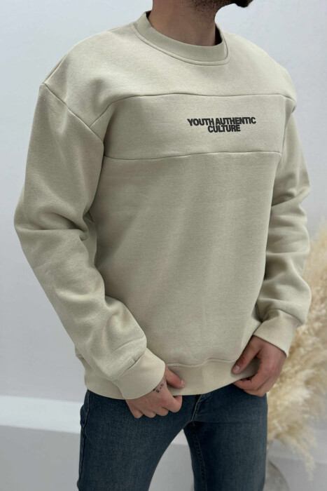FLUFFY ROUND NECK FRONT WRITTING MEN SWEATSHIRT BEIGE/BEZHE - 3