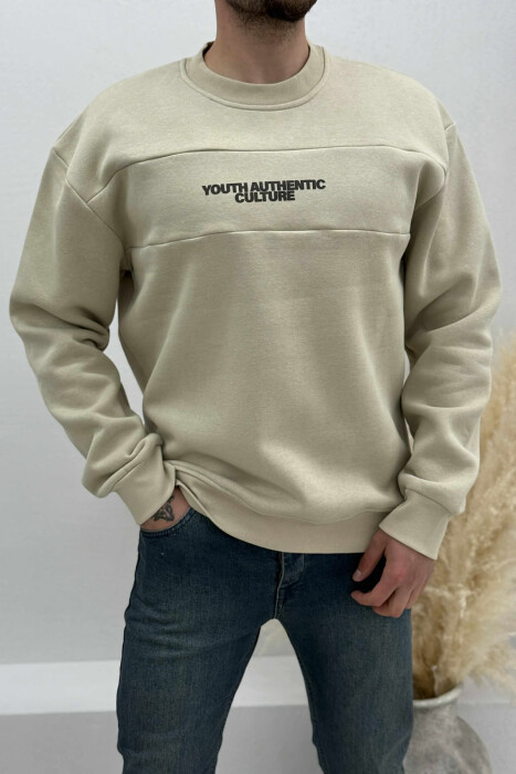 FLUFFY ROUND NECK FRONT WRITTING MEN SWEATSHIRT BEIGE/BEZHE - 5