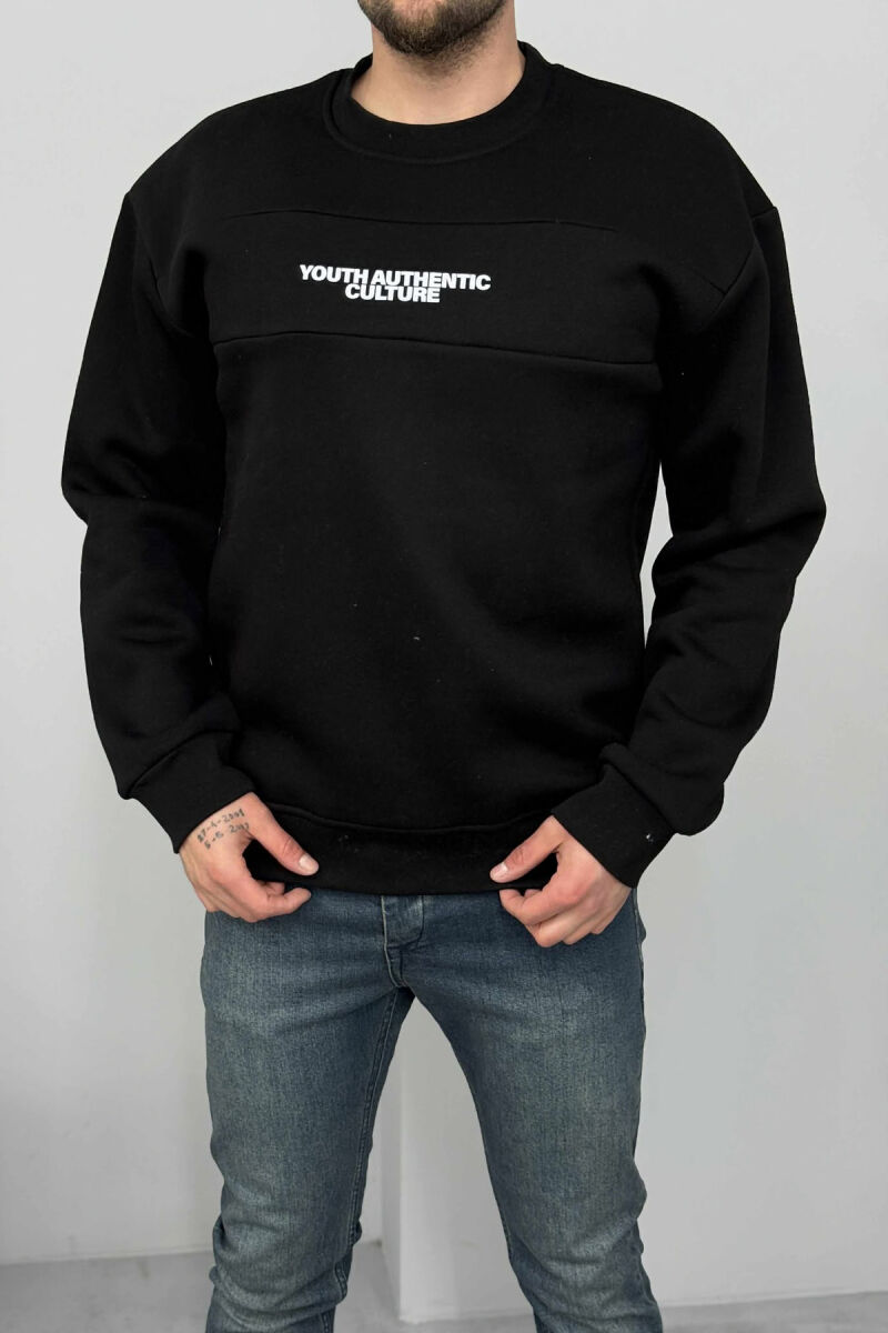FLUFFY ROUND NECK FRONT WRITTING MEN SWEATSHIRT BLACK/ E ZEZE - 1