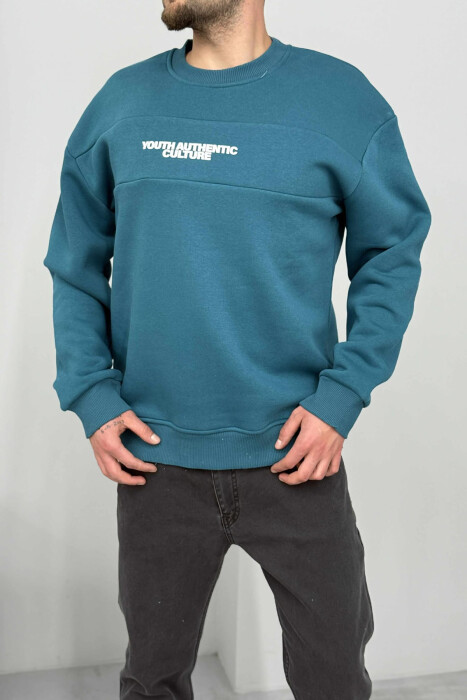FLUFFY ROUND NECK FRONT WRITTING MEN SWEATSHIRT BLUE STONE/GK - 1