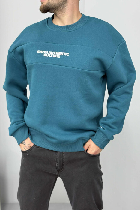 FLUFFY ROUND NECK FRONT WRITTING MEN SWEATSHIRT BLUE STONE/GK - 3