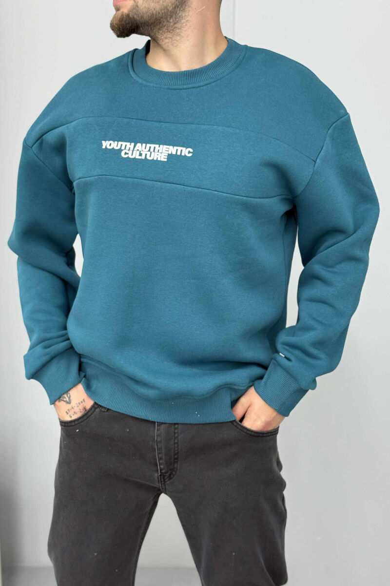 FLUFFY ROUND NECK FRONT WRITTING MEN SWEATSHIRT BLUE STONE/GK - 3