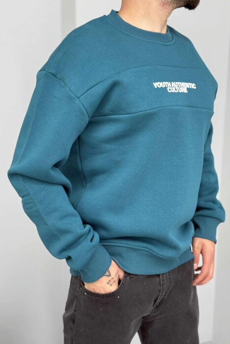 FLUFFY ROUND NECK FRONT WRITTING MEN SWEATSHIRT BLUE STONE/GK - 4