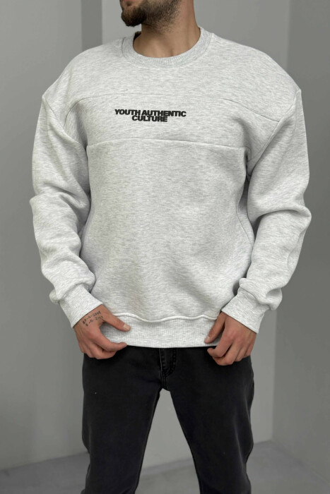 FLUFFY ROUND NECK FRONT WRITTING MEN SWEATSHIRT LIGHT GREY/GZ - 1