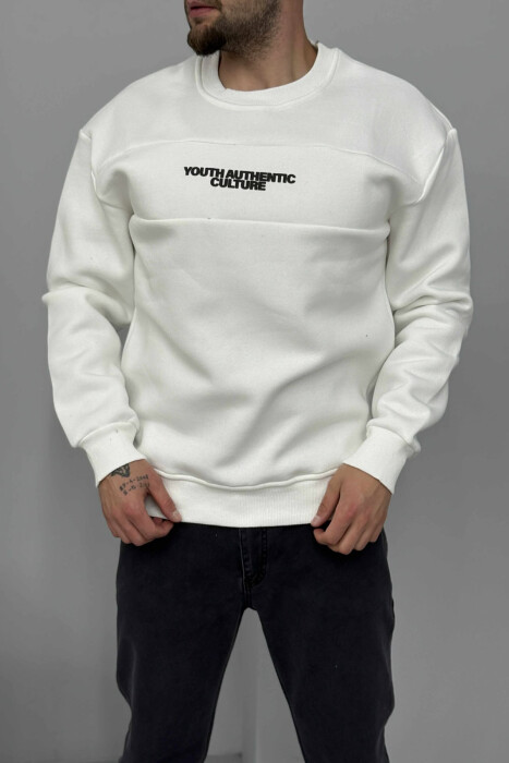 FLUFFY ROUND NECK FRONT WRITTING MEN SWEATSHIRT WHITE-E BARDHE 