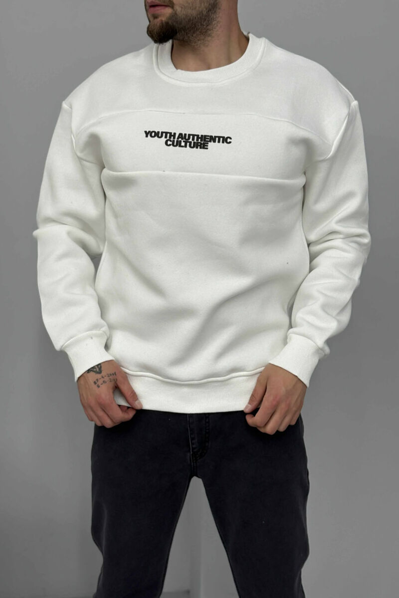 FLUFFY ROUND NECK FRONT WRITTING MEN SWEATSHIRT WHITE-E BARDHE - 1