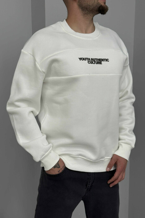 FLUFFY ROUND NECK FRONT WRITTING MEN SWEATSHIRT WHITE-E BARDHE - 3