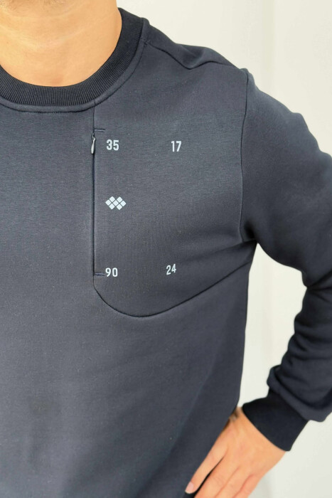 FLUFFY ROUND NECK ONE COLOR MEN SWEATSHIRT DARK BLUE/BEE - 3