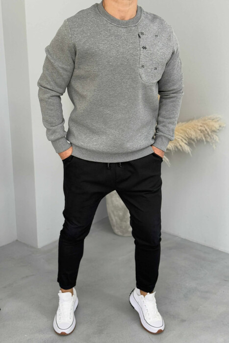 FLUFFY ROUND NECK ONE COLOR MEN SWEATSHIRT GREY/GRI - 1