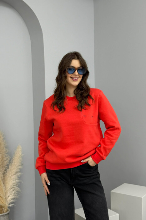 FLUFFY ROUND NECK ONE COLOR WOMEN SWEATSHIRT ORANGE/PORTOKALLI - 1