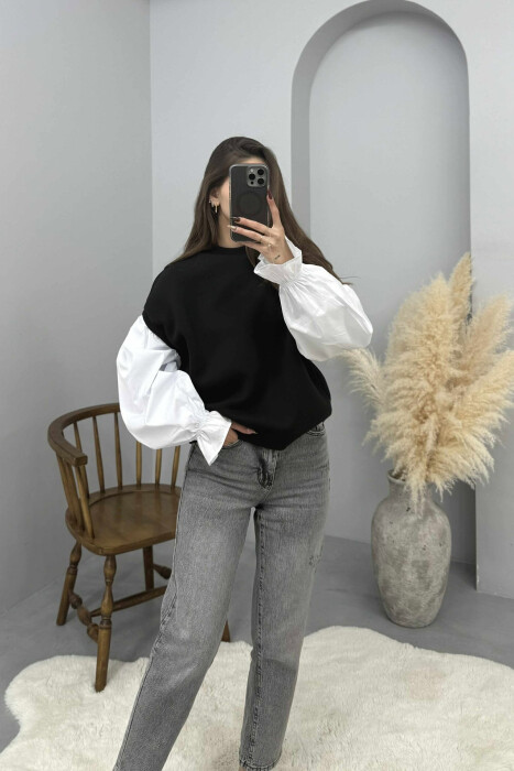 FLUFFY ROUND NECK SIMPLE WOMEN SWEATSHIRT BLACK/ E ZEZE - 1