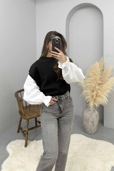 FLUFFY ROUND NECK SIMPLE WOMEN SWEATSHIRT BLACK/ E ZEZE - 4