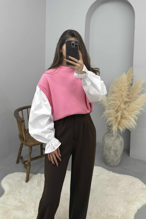 FLUFFY ROUND NECK SIMPLE WOMEN SWEATSHIRT PINK/ROZE - 1