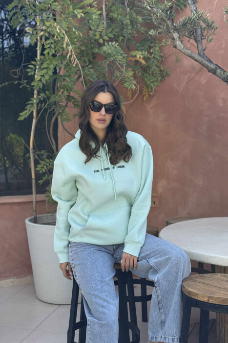 FLUFFY SIMPLE FRONT WRITTINGS ONE COLOR WOMEN HOODIE MINT/MENTE 