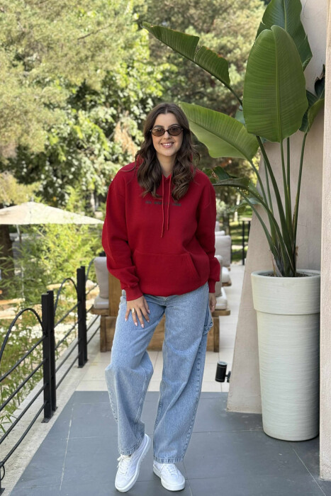 FLUFFY SIMPLE FRONT WRITTINGS ONE COLOR WOMEN HOODIE RED/E KUQE - KLAUDIO FASHION