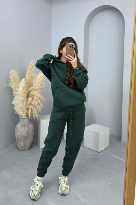 FLUFFY SIMPLE ONE COLOR HOODIE+JOGGERS WOMEN SET DARK GREEN/JEE - 6