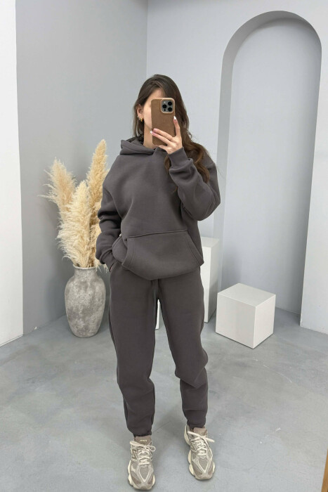 FLUFFY SIMPLE ONE COLOR HOODIE+JOGGERS WOMEN SET DARK GREY/GEE - KLAUDIO FASHION