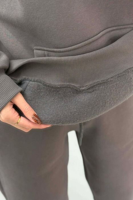 FLUFFY SIMPLE ONE COLOR HOODIE+JOGGERS WOMEN SET DARK GREY/GEE - 5