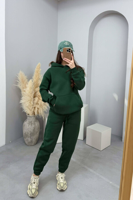 FLUFFY SIMPLE ONE COLOR HOODIE+JOGGERS WOMEN SET GREEN/JESHILE - KLAUDIO FASHION