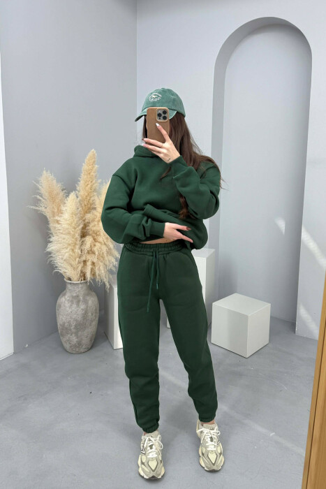 FLUFFY SIMPLE ONE COLOR HOODIE+JOGGERS WOMEN SET GREEN/JESHILE - 5