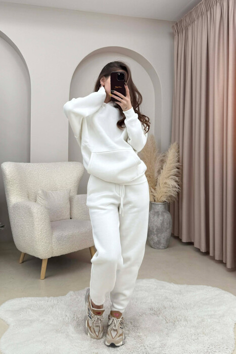 FLUFFY SIMPLE ONE COLOR HOODIE+JOGGERS WOMEN SET WHITE-E BARDHE 