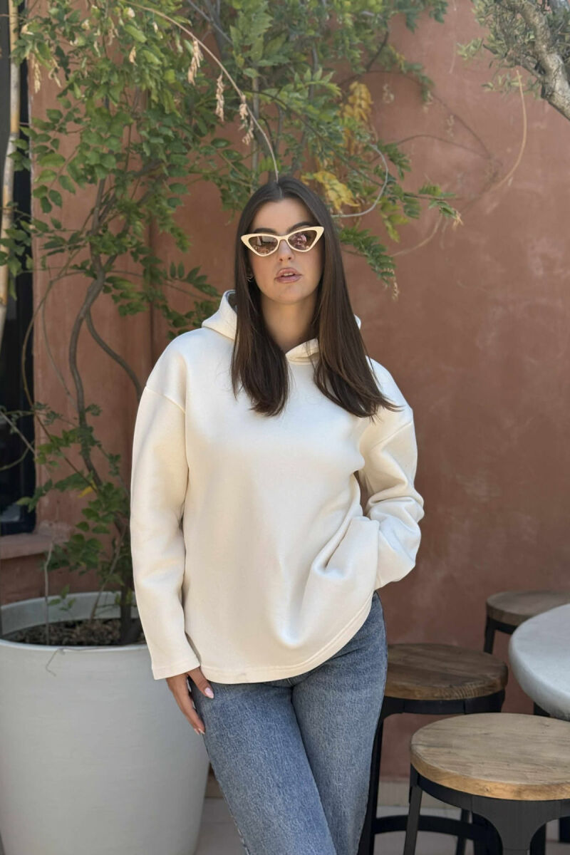 FLUFFY SIMPLE ONE COLOR WOMEN HOODIE CREAM/KREM - 2
