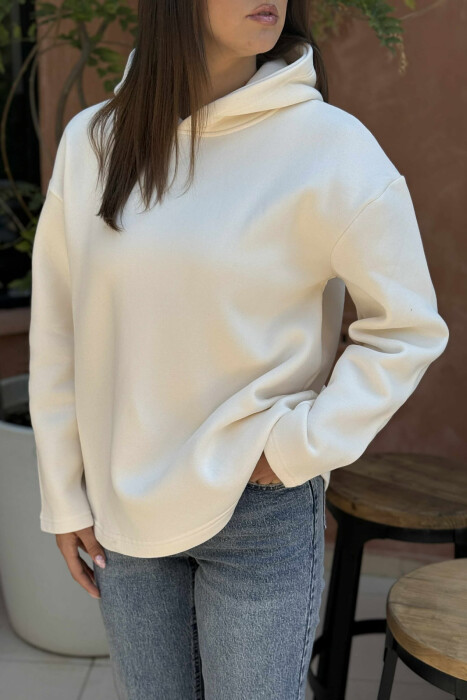 FLUFFY SIMPLE ONE COLOR WOMEN HOODIE CREAM/KREM - 4