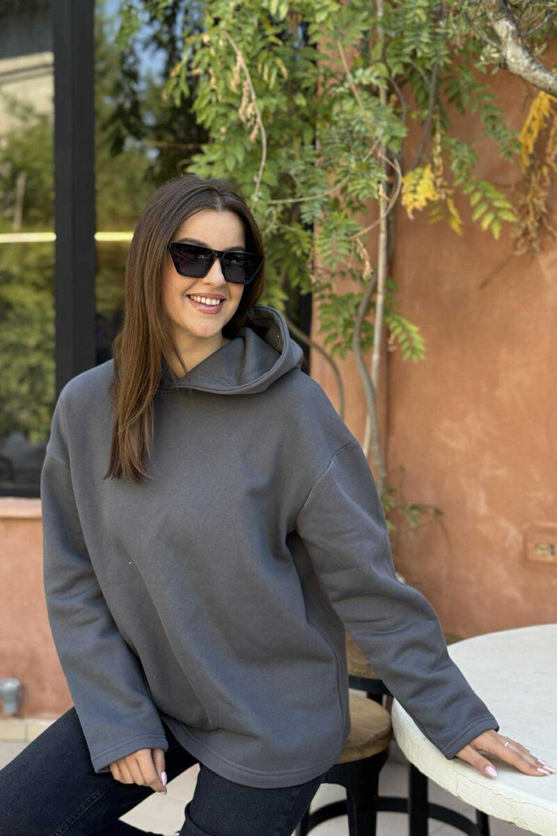 FLUFFY SIMPLE ONE COLOR WOMEN HOODIE DARK GREY/GEE - 2