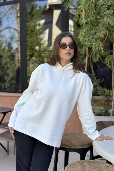FLUFFY SIMPLE ONE COLOR WOMEN HOODIE WHITE-E BARDHE - 2