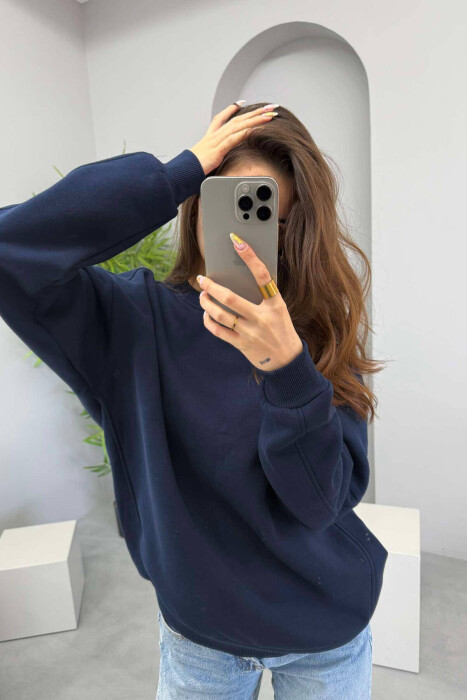 FLUFFY SIMPLE ONE COLOR WOMEN SWEATSHIRT DARK BLUE/BEE - 4