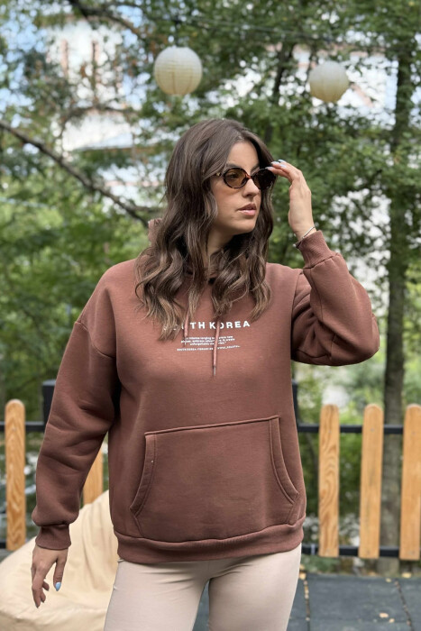 FLUFFY SIMPLE WRITTINGS ONE COLOR WOMEN HOODIE BROWN/KAFE 
