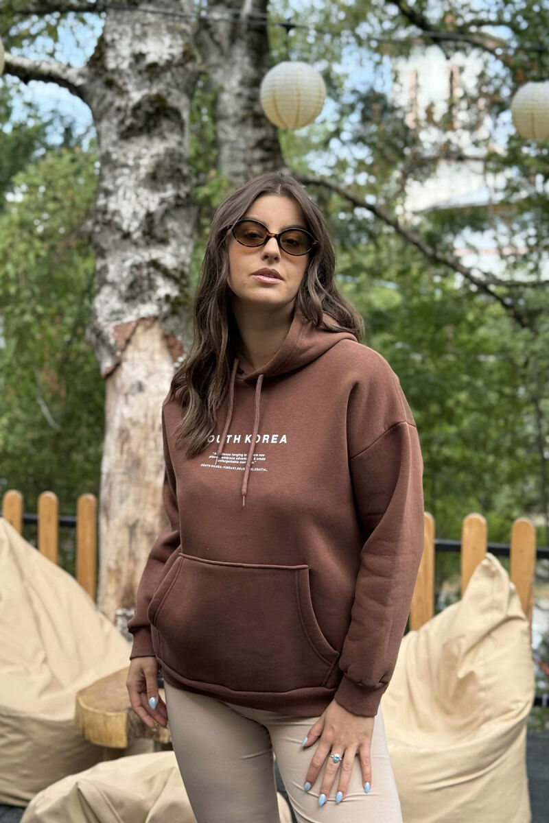 FLUFFY SIMPLE WRITTINGS ONE COLOR WOMEN HOODIE BROWN/KAFE - 4