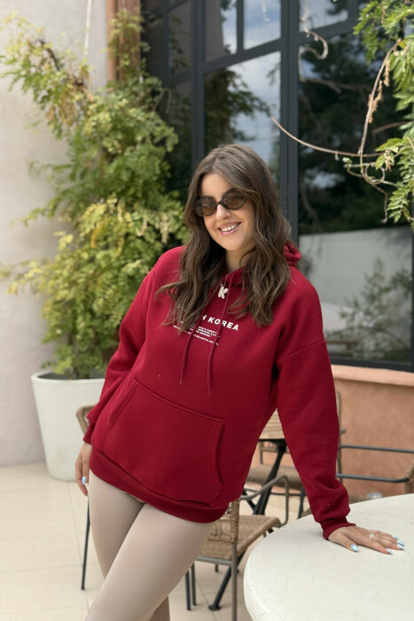 FLUFFY SIMPLE WRITTINGS ONE COLOR WOMEN HOODIE BURGUNDY/VISHNJE 