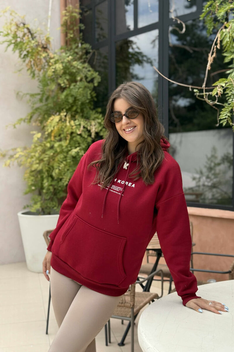 FLUFFY SIMPLE WRITTINGS ONE COLOR WOMEN HOODIE BURGUNDY/VISHNJE - 1