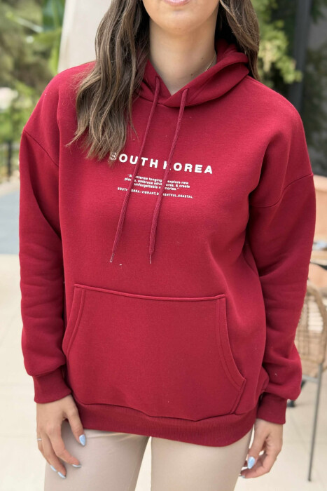 FLUFFY SIMPLE WRITTINGS ONE COLOR WOMEN HOODIE BURGUNDY/VISHNJE - 3
