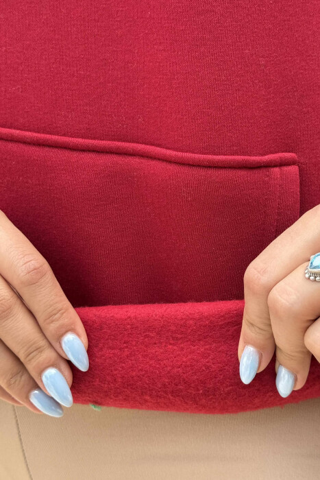 FLUFFY SIMPLE WRITTINGS ONE COLOR WOMEN HOODIE BURGUNDY/VISHNJE - 5