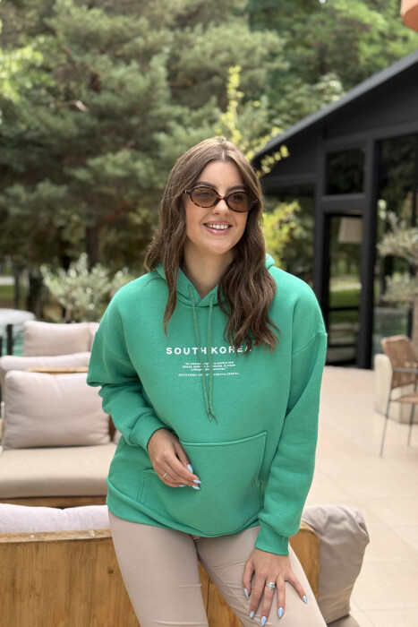 FLUFFY SIMPLE WRITTINGS ONE COLOR WOMEN HOODIE GREEN/JESHILE - KLAUDIO FASHION