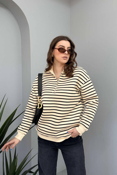 FLUFFY STRIPE ZIPPER NECK WOMEN SWEATSHIRT IN CREAM+BLACK COLORS - 1