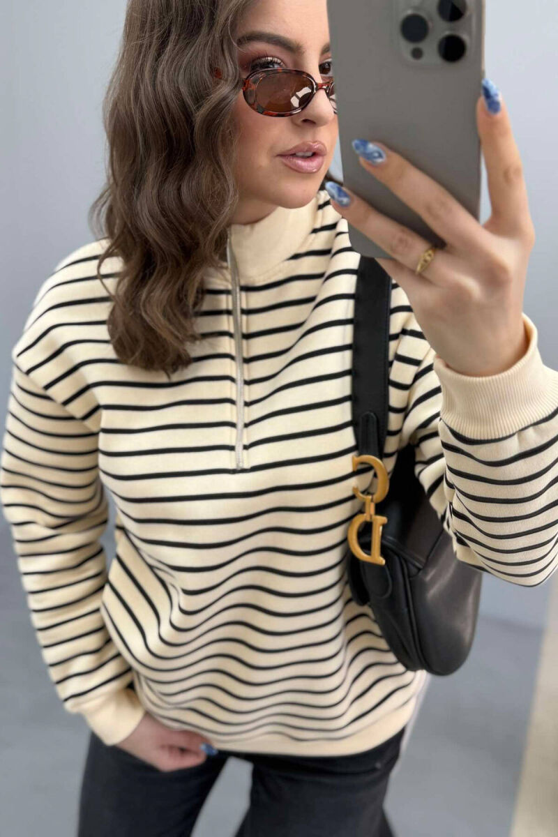 FLUFFY STRIPE ZIPPER NECK WOMEN SWEATSHIRT IN CREAM+BLACK COLORS - 3