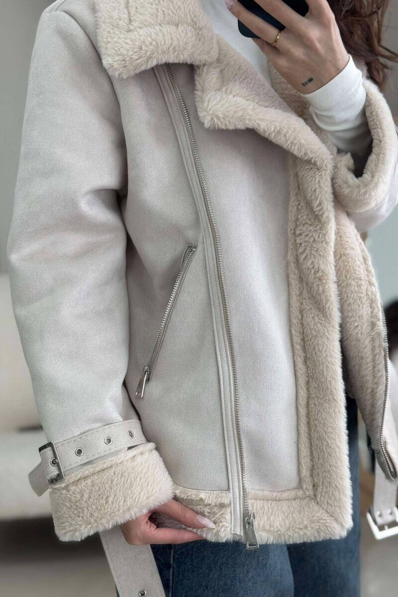 FLUFFY WOMEN JACKET IN CREAM COLOR - 3