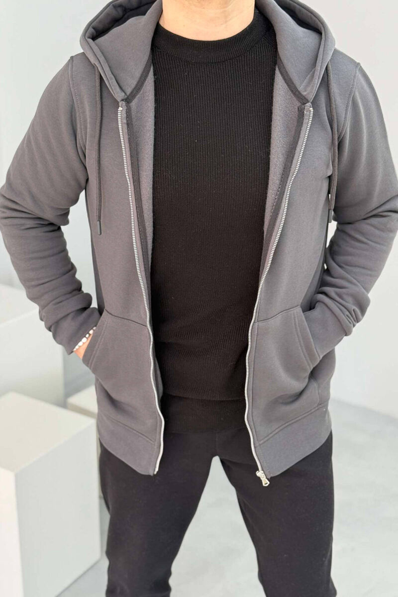 FLUFFY ZIPPER HOOD MEN JACKET IN DARK GREY COLOR - 1