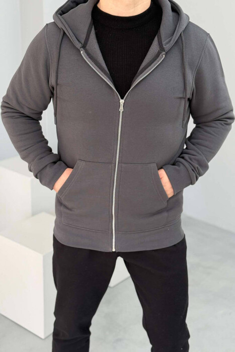 FLUFFY ZIPPER HOOD MEN JACKET IN DARK GREY COLOR - 2