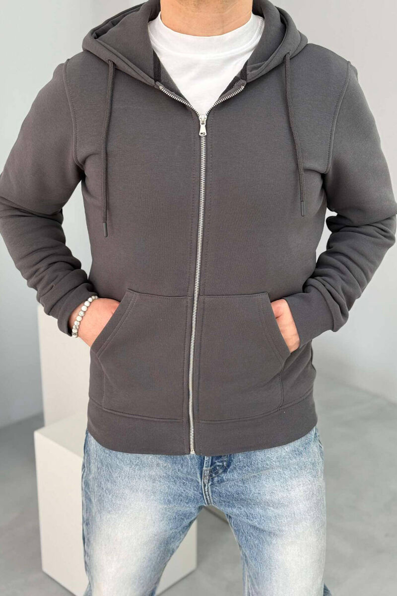 FLUFFY ZIPPER HOOD MEN JACKET IN DARK GREY COLOR - 3