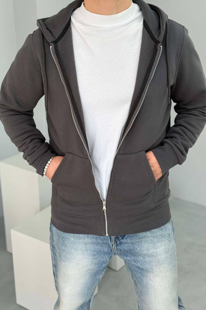 FLUFFY ZIPPER HOOD MEN JACKET IN DARK GREY COLOR - 4