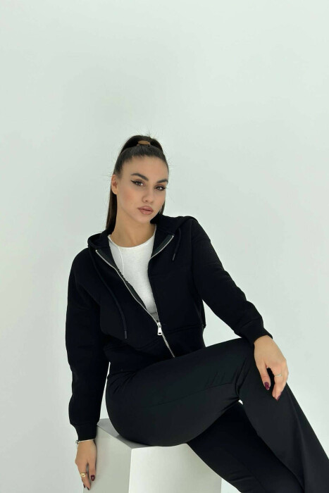 FLUFFY ZIPPER WOMEN HOODIE IN BLACK COLOR 