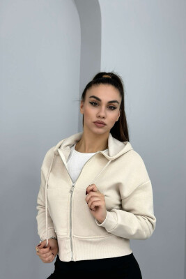 FLUFFY ZIPPER HOODIE ONE COLOR WOMAN CREAM/KREM 