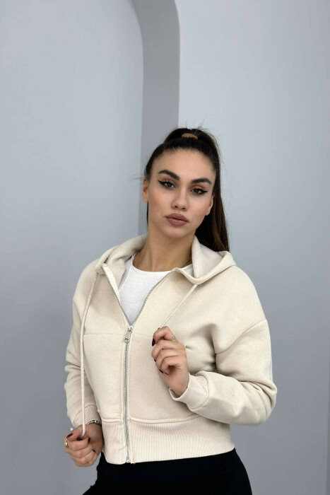 FLUFFY ZIPPER WOMEN HOODIE IN CREAM COLOR 