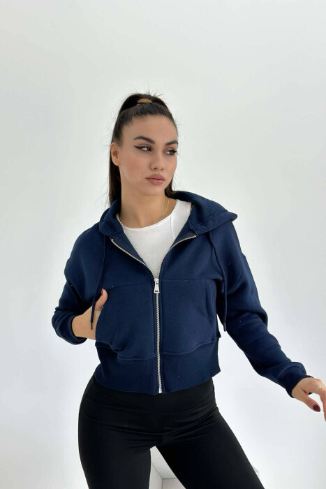 FLUFFY ZIPPER WOMEN HOODIE IN DARK BLUE COLOR 