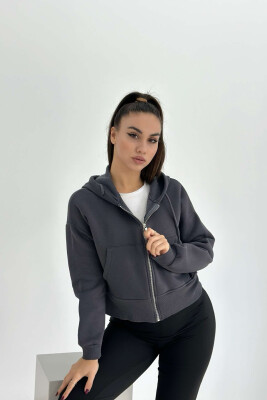 FLUFFY ZIPPER HOODIE ONE COLOR WOMAN DARK GREY/GEE 